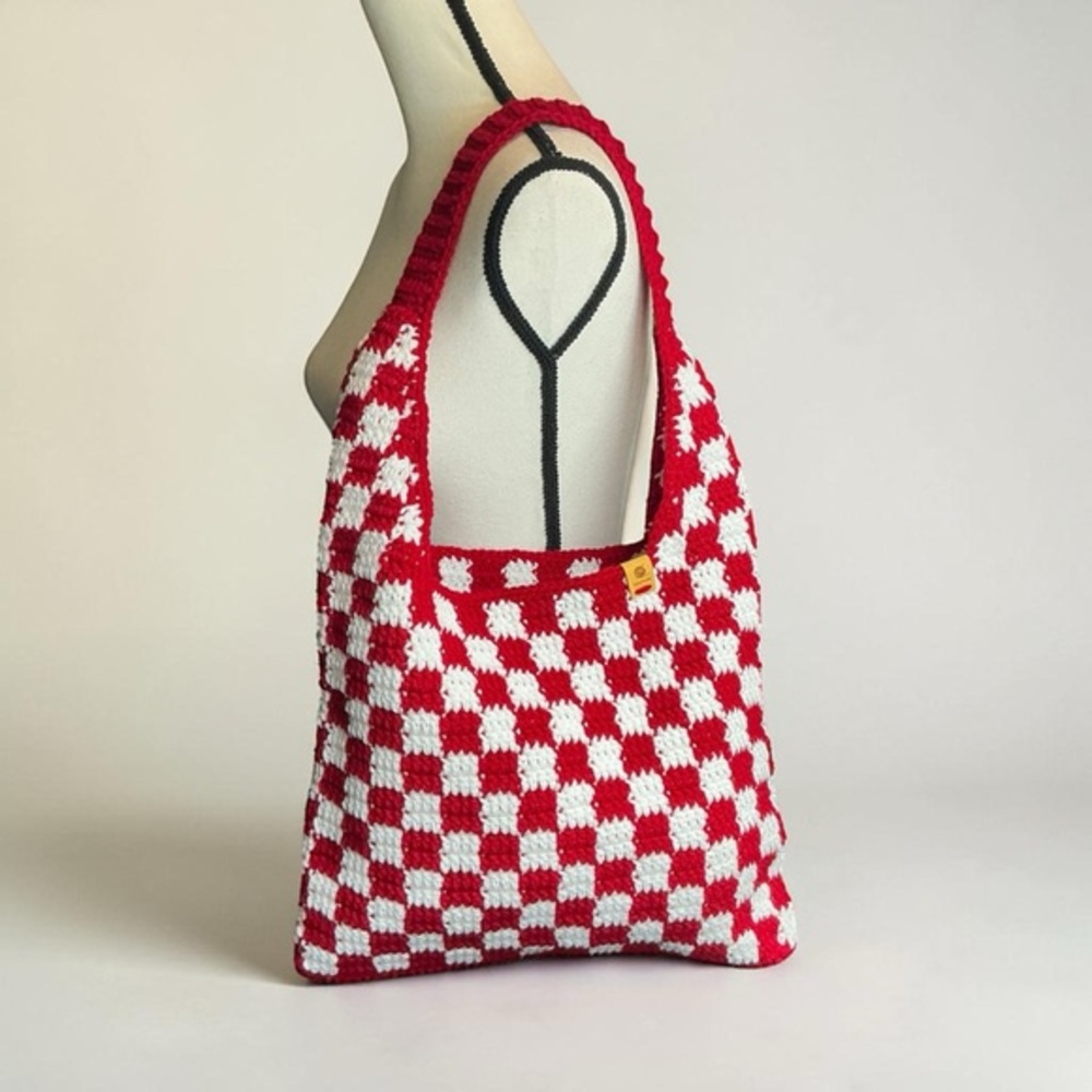 Handmade Dark Red & White Checker Checkerboard Crochet Shoulder‎ Tote Bag
